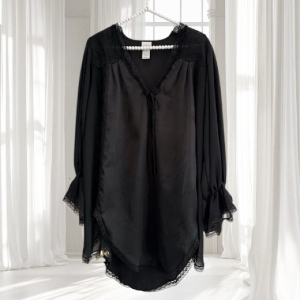 VTG Cacique Black Satin Puff Sleeve Nightgown Size S